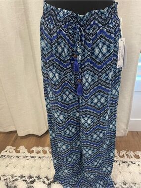 Blue Patterned Maxi Wide Leg Pants with Tassel Drawstring